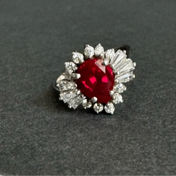 Vintage Faux Ruby Cocktail Ring Sterling Silver Cubic Zirconia Halo Cluster 8